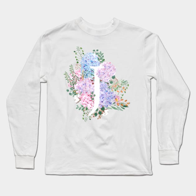 botanical monogram alphabet J hydrangea flowers Long Sleeve T-Shirt by colorandcolor